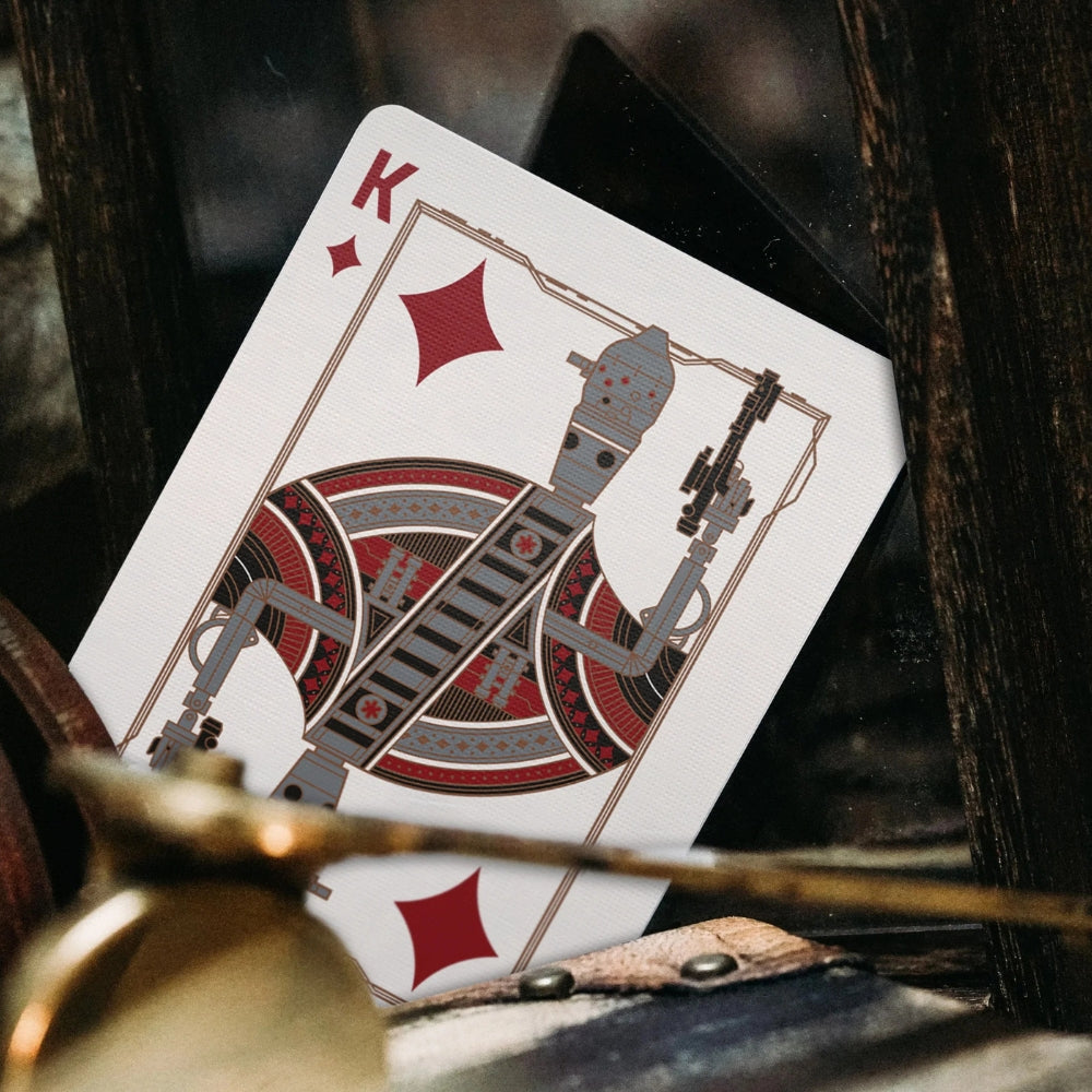 Slightly obscured picture of the king of hearts from the Mandalorian playing cards deck