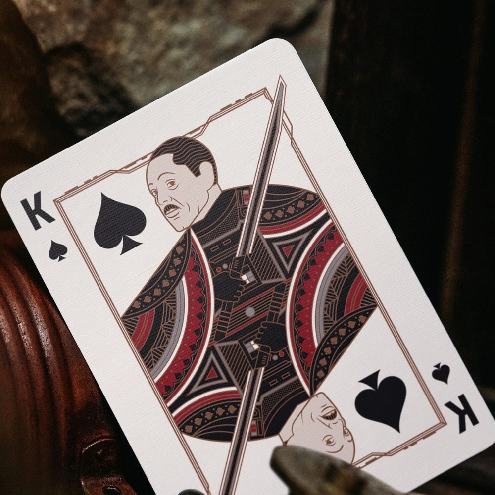 Close up of the king of spades from the mandalorian playing cards set