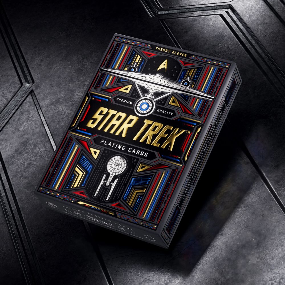 Star Trek playing cards - deck box on a grey sci-fi table