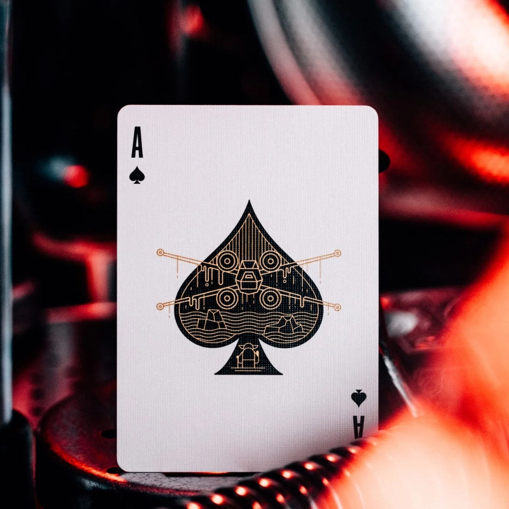 Star wars playing card, the ace of spades, featuring a line drawing of an x-wing