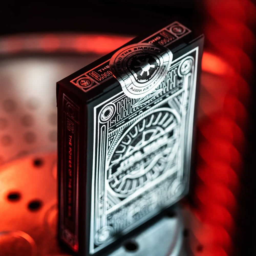 Close up of a star wars playing cards deck box, black and silver foil design.