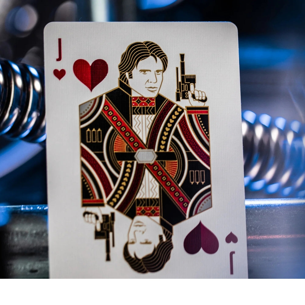 Close up of a star wars playing card, the jack of hearts, featuring Han Solo