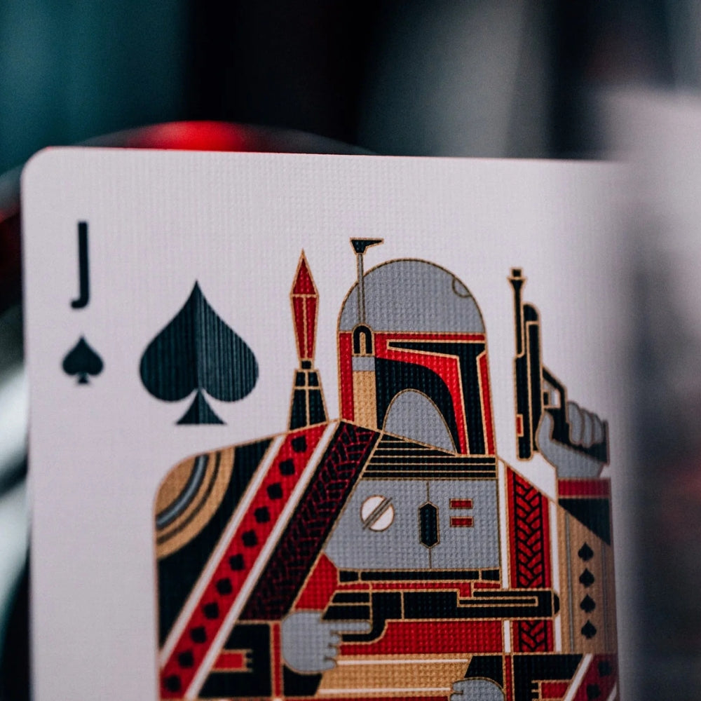 Close up of a star wars playing card, the jack of spades.