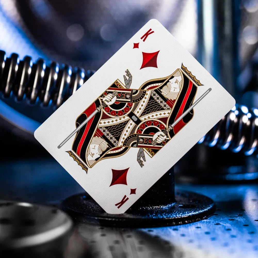 A star wars playing card standing on its side, its the king of diamonds.
