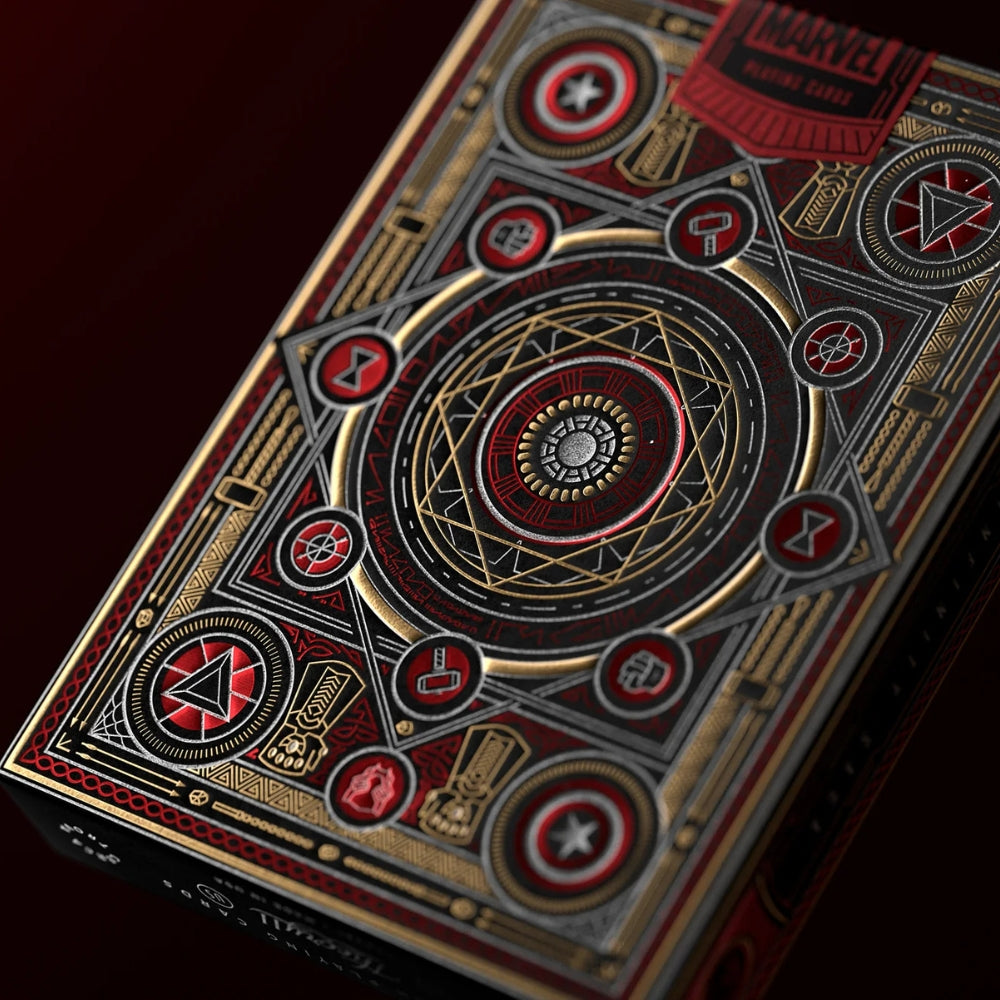 Back of the red avengers playing cards deck box