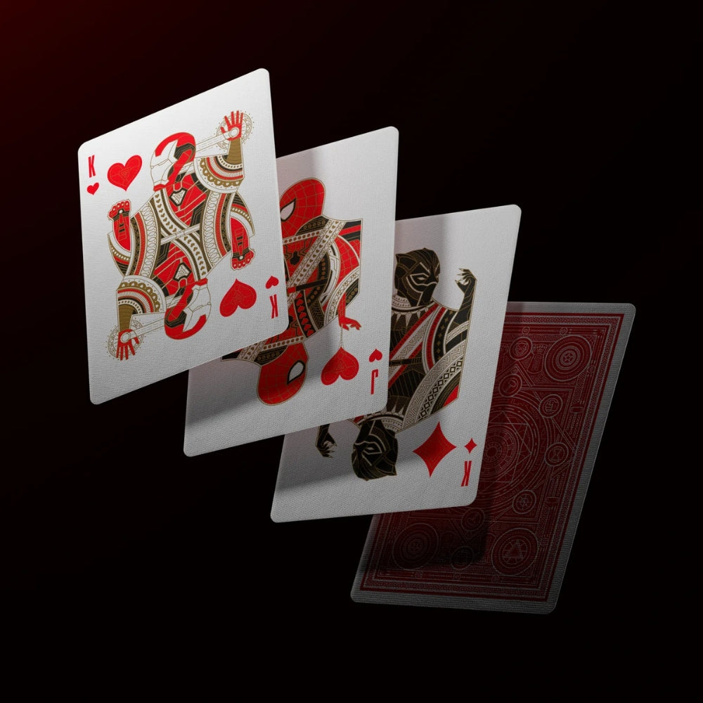 Four avengers playing cards floating, with iron man at the front as the king of hearts