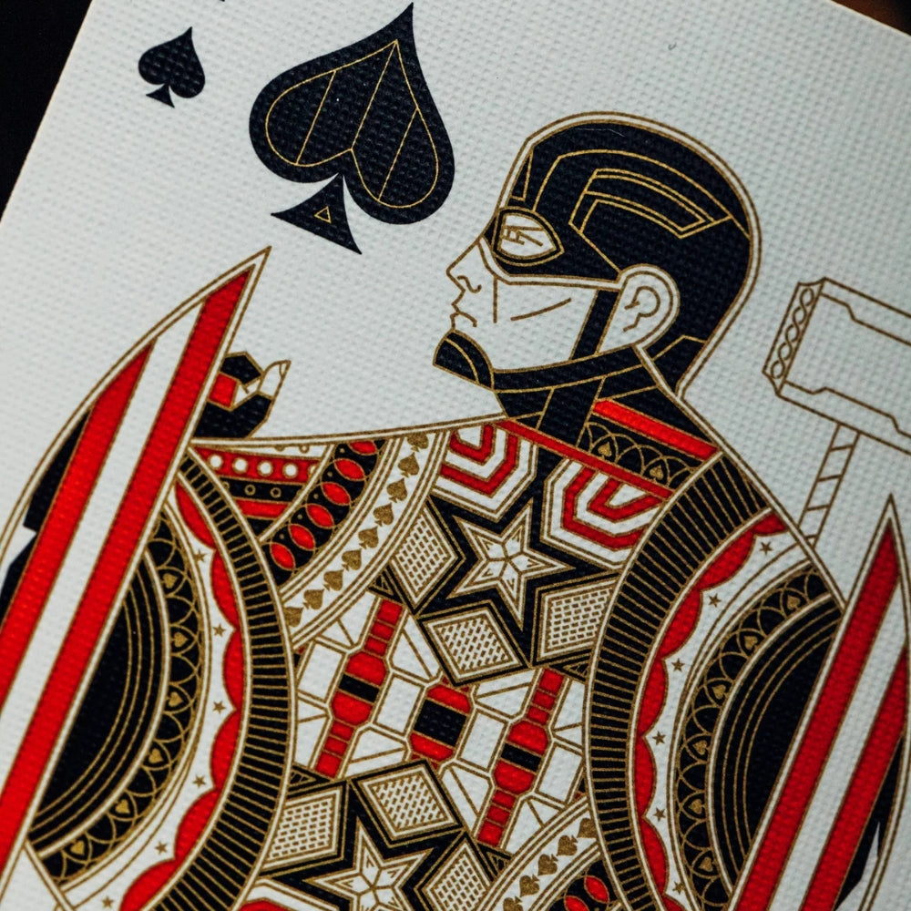 Very close up photo of the king of spades from the avengers playing cards deck