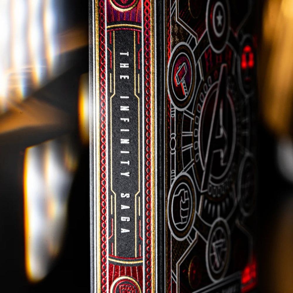 close up of the side of a pack of red avengers playing cards