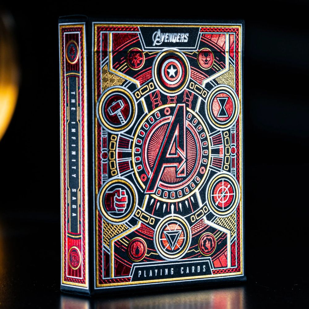 Avengers playing cards - red - on sleek reflective surface