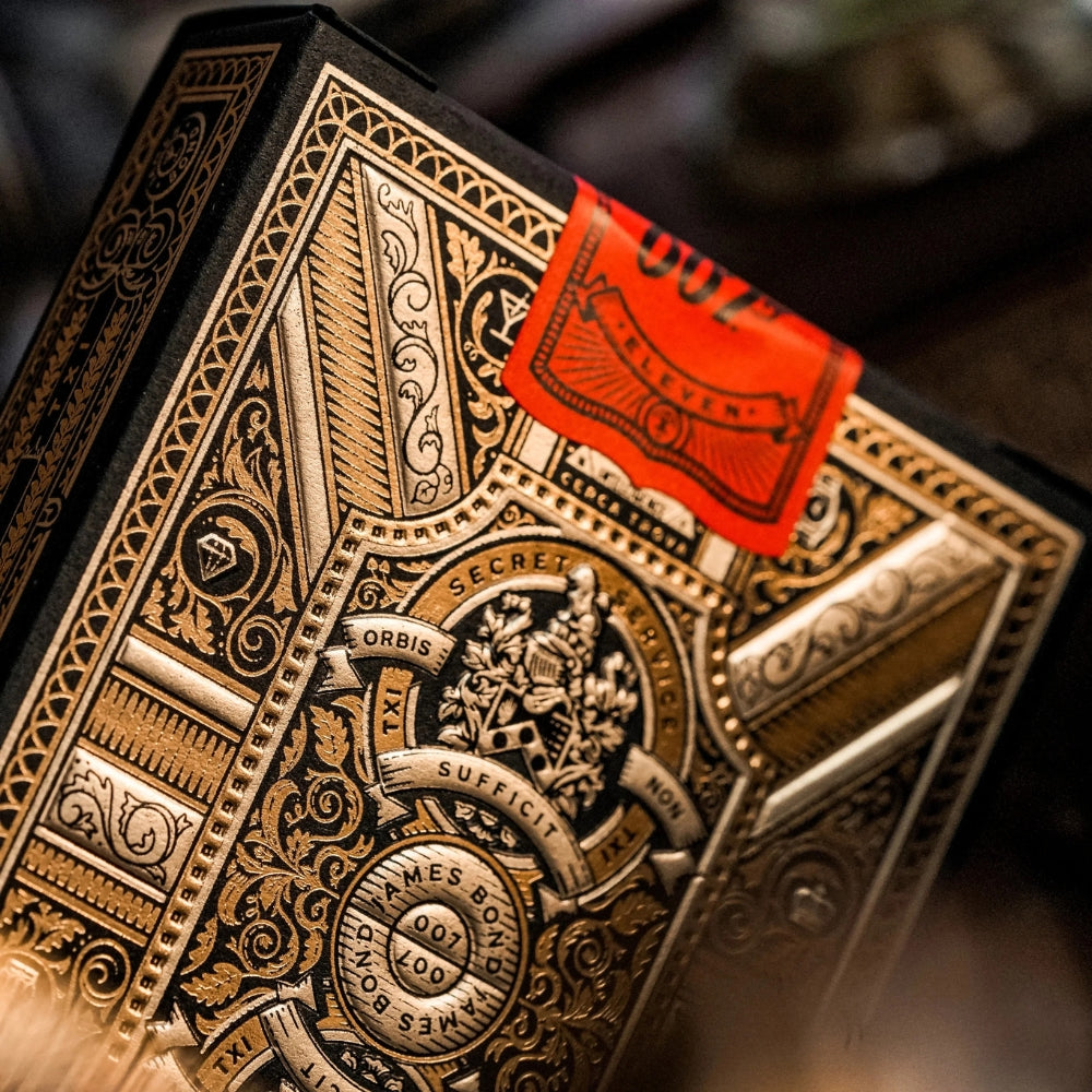Close up of the seal on a deck box of james bond playing cards