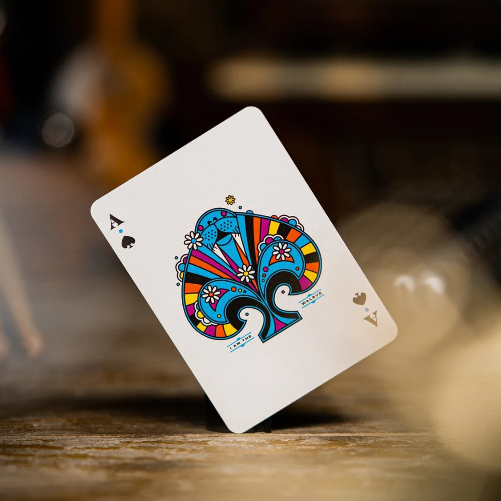 close up of the ace of spades from The Beatles playing cards (Theory11) with a retro picture of a Walrus