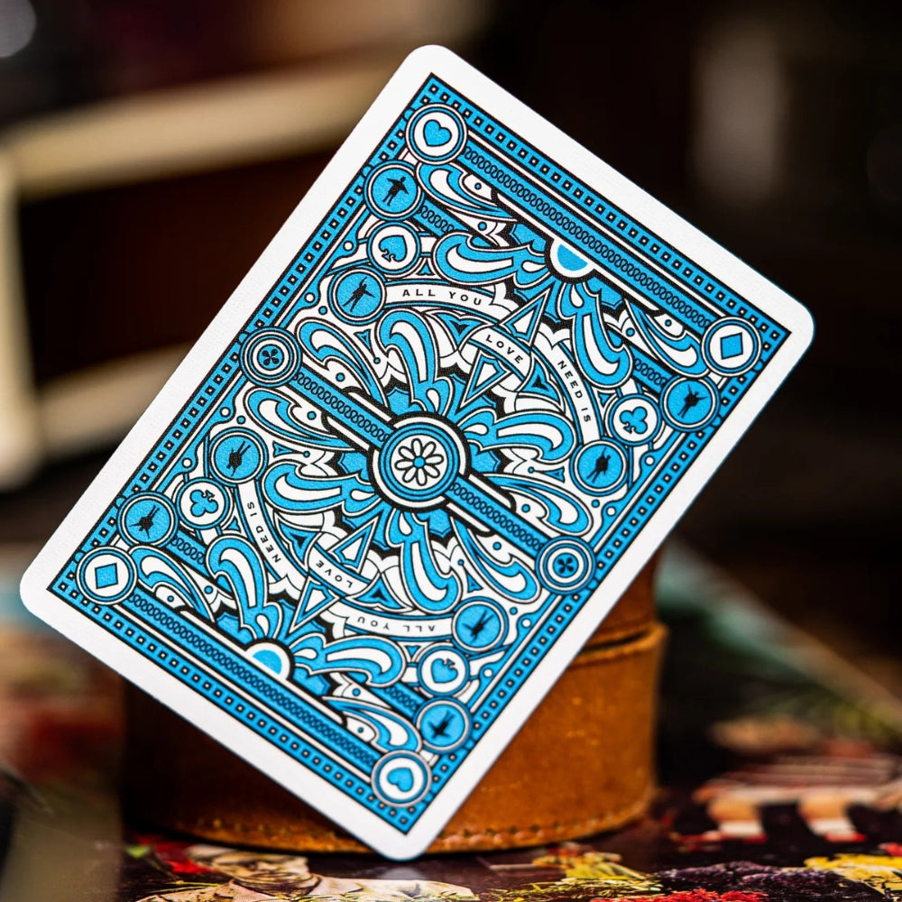 picture of the back of a card from The Beatles playing cards (blue)